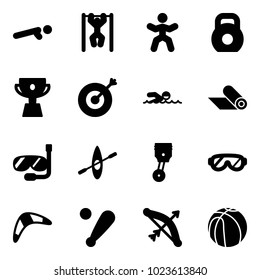 Solid vector icon set - push ups vector, pull, gymnastics, weight, cup, target, swimming, mat, diving, kayak, piston, protective glasses, boomerang, baseball bat, bow, basketball