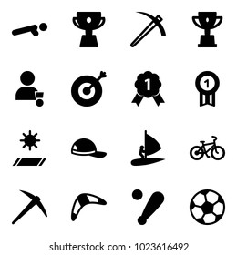Solid vector icon set - push ups vector, cup, job, win, winner, target, gold medal, mat, cap, windsurfing, bike, axe, boomerang, baseball bat, soccer ball