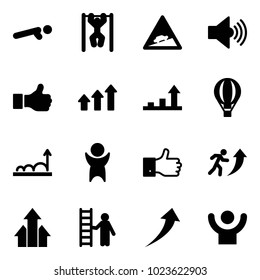 Solid vector icon set - push ups vector, pull, climb road sign, volume max, like, arrows up, growth arrow, air balloon, success, finger, career, opportunity