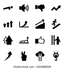 Solid vector icon set - push ups vector, volume max, dislike, growth arrow, arrows up, career, finger, opportunity, victory, cloud ladder, winch