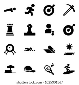 Solid vector icon set - push ups vector, run, target, job, chess tower, winner, gold medal, swimming, mat, inflatable pool, cap, badminton, surfing