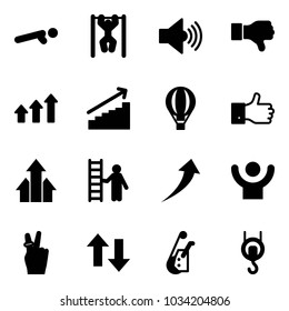 Solid vector icon set - push ups vector, pull, volume max, dislike, arrows up, growth, air balloon, finger, opportunity, success, victory, down, winch