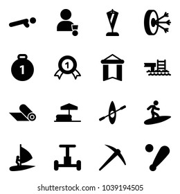 Solid vector icon set - push ups vector, winner, pennant, solution, gold medal, pool, mat, inflatable, kayak, surfing, windsurfing, gyroscope, axe, baseball bat