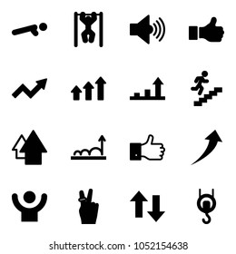Solid vector icon set - push ups vector, pull, volume max, like, growth arrow, arrows up, career, finger, success, victory, down, winch