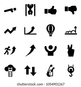 Solid vector icon set - push ups vector, pull, like, dislike, growth arrow, air balloon, career, success, victory, cloud ladder, up down arrows, winch