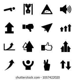 Solid vector icon set - push ups vector, pull, climb road sign, volume max, uplooad, dislike, paper plane, arrows up, growth arrow, finger, success, victory, down