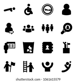 Solid vector icon set - push ups vector, disabled, no cart horse road sign, user, login, group, head hunter, presentation, garbage, contact book, win, opportunity, success, flying man