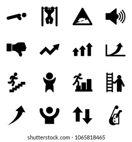 Solid vector icon set - push ups vector, pull, climb road sign, volume max, dislike, growth arrow, arrows up, career, success, opportunity, down, winch