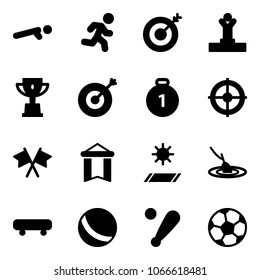 Solid vector icon set - push ups vector, run, target, winner, win cup, gold medal, flags cross, pennant, mat, fishing, skateboard, ball, baseball bat, soccer