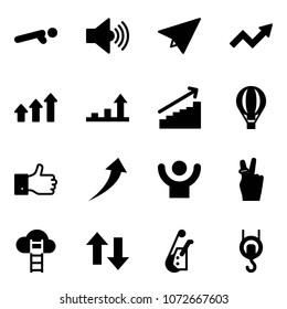 Solid vector icon set - push ups vector, volume max, paper plane, growth arrow, arrows up, air balloon, finger, success, victory, cloud ladder, down, winch