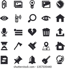 Solid vector icon set - putty knife flat vector, ax, house, phone call, security fector, bell, gallery, menu, upload, file sharing, clip, hourglass, drawing pin, magnifier, trash can, microphone