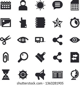 Solid vector icon set - putty knife flat vector, sun, SIM card, trailer fector, share, gallery, scissors, file sharing, clip, hourglass, calendar, steering wheel, mouthpiece, magnifier, user, chat