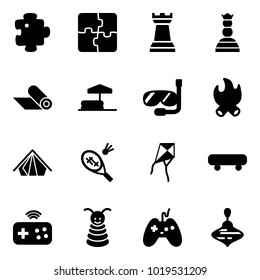 Solid vector icon set - puzzle vector, chess tower, queen, mat, inflatable pool, diving, fire, tent, badminton, kite, skateboard, joystick wireless, pyramid toy, wirligig