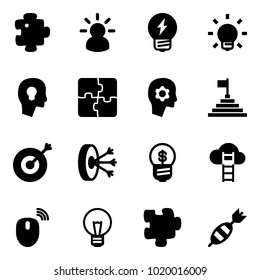 Solid vector icon set - puzzle vector, idea, bulb, head, brain work, pyramid flag, target, solution, business, cloud ladder, mouse wireless, dart