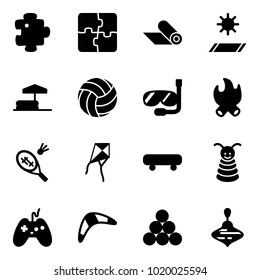 Solid vector icon set - puzzle vector, mat, inflatable pool, volleyball, diving, fire, badminton, kite, skateboard, pyramid toy, joystick, boomerang, billiards balls, wirligig