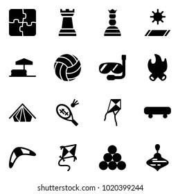 Solid vector icon set - puzzle vector, chess tower, queen, mat, inflatable pool, volleyball, diving, fire, tent, badminton, kite, skateboard, boomerang, billiards balls, wirligig toy