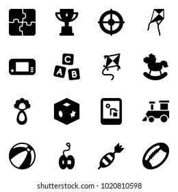 Solid vector icon set - puzzle vector, win cup, target, kite, game console, abc cube, rocking horse, beanbag, toy, train, beach ball, yoyo, dart, football