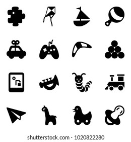 Solid vector icon set - puzzle vector, kite, sailboat toy, beanbag, car, joystick, boomerang, billiards balls, game console, horn, caterpillar, train, paper plane, giraffe, duck, soother