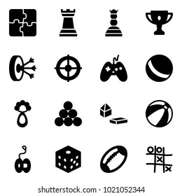 Solid vector icon set - puzzle vector, chess tower, queen, gold cup, solution, target, joystick, ball, beanbag, billiards balls, constructor blocks, beach, yoyo, bones, football, Tic tac toe