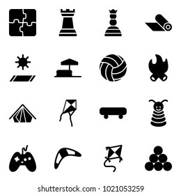 Solid vector icon set - puzzle vector, chess tower, queen, mat, inflatable pool, volleyball, fire, tent, kite, skateboard, pyramid toy, joystick, boomerang, billiards balls