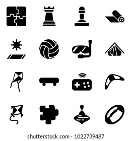 Solid vector icon set - puzzle vector, chess tower, pawn, mat, volleyball, diving, tent, kite, skateboard, joystick wireless, boomerang, wirligig toy, football