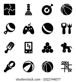 Solid vector icon set - puzzle vector, chess queen, target, ball, beanbag, joystick, shovel fork toy, game console, billiards balls, wheel horse, beach, basketball, Tic tac toe