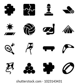 Solid vector icon set - puzzle vector, pawn, mat, volleyball, diving, tent, badminton, kite, skateboard, boomerang, billiards balls, football