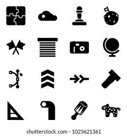 Solid vector icon set - puzzle vector, cloud, pawn, moon flag, flags cross, jalousie, photo, globe, bezier, chevron, connect, bolt, corner ruler, allen key, beanbag, toy horse