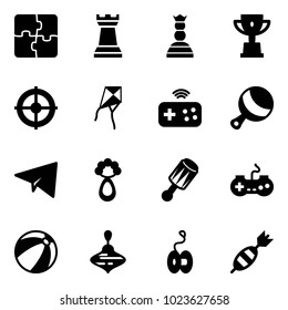 Solid vector icon set - puzzle vector, chess tower, queen, win cup, target, kite, joystick wireless, beanbag, paper plane, gamepad, beach ball, wirligig toy, yoyo, dart