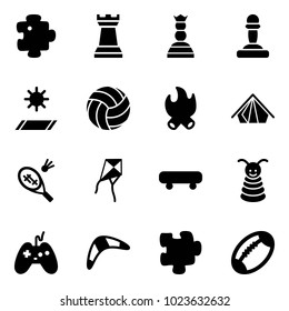 Solid vector icon set - puzzle vector, chess tower, queen, pawn, mat, volleyball, fire, tent, badminton, kite, skateboard, pyramid toy, joystick, boomerang, football