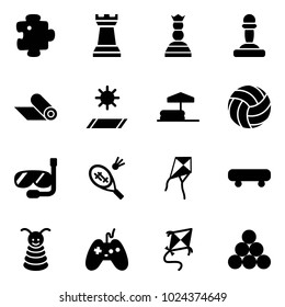 Solid vector icon set - puzzle vector, chess tower, queen, pawn, mat, inflatable pool, volleyball, diving, badminton, kite, skateboard, pyramid toy, joystick, billiards balls