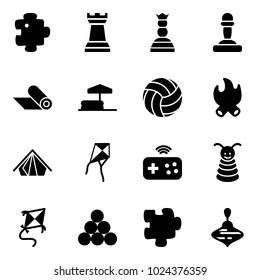 Solid vector icon set - puzzle vector, chess tower, queen, pawn, mat, inflatable pool, volleyball, fire, tent, kite, joystick wireless, pyramid toy, billiards balls, wirligig