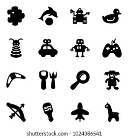 Solid vector icon set - puzzle vector, dolphin, robot, duck toy, pyramid, car, joystick, boomerang, shovel fork, beanbag, doll, bow, plane, giraffe