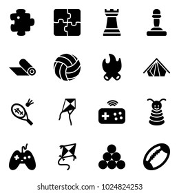 Solid vector icon set - puzzle vector, chess tower, pawn, mat, volleyball, fire, tent, badminton, kite, joystick wireless, pyramid toy, billiards balls, football