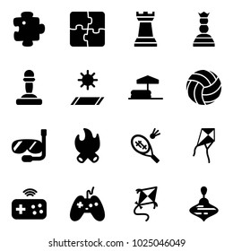 Solid vector icon set - puzzle vector, chess tower, queen, pawn, mat, inflatable pool, volleyball, diving, fire, badminton, kite, joystick wireless, wirligig toy