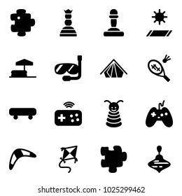 Solid vector icon set - puzzle vector, chess queen, pawn, mat, inflatable pool, diving, tent, badminton, skateboard, joystick wireless, pyramid toy, boomerang, kite, wirligig