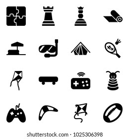 Solid vector icon set - puzzle vector, chess tower, queen, mat, inflatable pool, diving, tent, badminton, kite, skateboard, joystick wireless, pyramid toy, boomerang, football