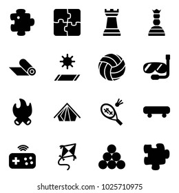 Solid vector icon set - puzzle vector, chess tower, queen, mat, volleyball, diving, fire, tent, badminton, skateboard, joystick wireless, kite, billiards balls