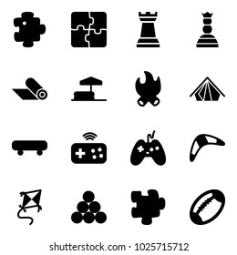 Solid vector icon set - puzzle vector, chess tower, queen, mat, inflatable pool, fire, tent, skateboard, joystick wireless, boomerang, kite, billiards balls, football