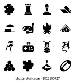 Solid vector icon set - puzzle vector, chess tower, pawn, mat, inflatable pool, diving, fire, tent, kite, joystick wireless, pyramid toy, billiards balls, wirligig, football