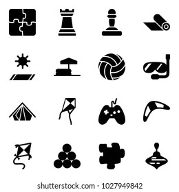 Solid vector icon set - puzzle vector, chess tower, pawn, mat, inflatable pool, volleyball, diving, tent, kite, joystick, boomerang, billiards balls, wirligig toy