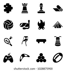 Solid vector icon set - puzzle vector, chess tower, pawn, mat, volleyball, diving, fire, tent, badminton, kite, skateboard, pyramid toy, joystick, boomerang, billiards balls, football