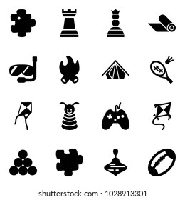 Solid vector icon set - puzzle vector, chess tower, queen, mat, diving, fire, tent, badminton, kite, pyramid toy, joystick, billiards balls, wirligig, football