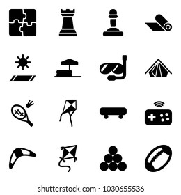 Solid vector icon set - puzzle vector, chess tower, pawn, mat, inflatable pool, diving, tent, badminton, kite, skateboard, joystick wireless, boomerang, billiards balls, football