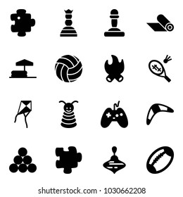 Solid vector icon set - puzzle vector, chess queen, pawn, mat, inflatable pool, volleyball, fire, badminton, kite, pyramid toy, joystick, boomerang, billiards balls, wirligig, football