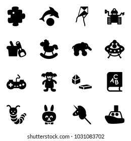Solid vector icon set - puzzle vector, dolphin, kite, robot, shovel bucket, rocking horse, elephant wheel, ufo toy, gamepad, doll, constructor blocks, abc book, caterpillar, rabbit, unicorn stick