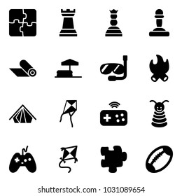 Solid vector icon set - puzzle vector, chess tower, queen, pawn, mat, inflatable pool, diving, fire, tent, kite, joystick wireless, pyramid toy, football