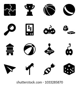 Solid vector icon set - puzzle vector, win cup, ball, beanbag, game console, gamepad, constructor blocks, toy block house, beach, wirligig, yoyo, paper plane, windmill, dart, bones