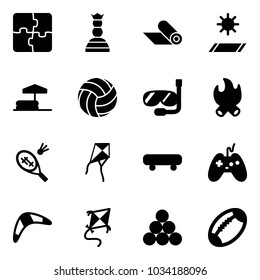 Solid vector icon set - puzzle vector, chess queen, mat, inflatable pool, volleyball, diving, fire, badminton, kite, skateboard, joystick, boomerang, billiards balls, football