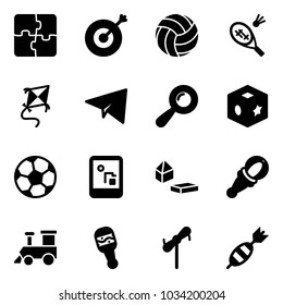 Solid vector icon set - puzzle vector, target, volleyball, badminton, kite, paper plane, beanbag, cube toy, soccer ball, game console, constructor blocks, train, windmill, dart